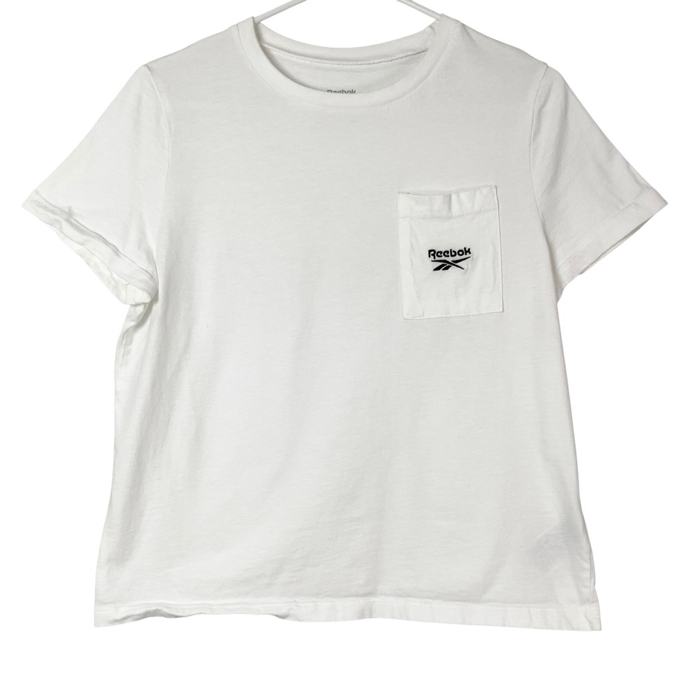 Reebok White Crop T-Shirt L Pullover Crew Neck Short Slv Embroidered Logo Pocket - Picture 1 of 6